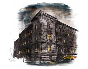 Watercolor sketch illustration. Old european building