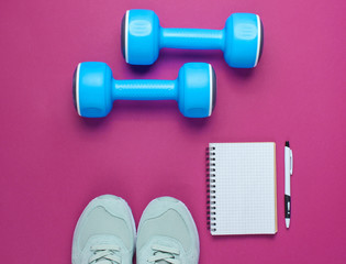 Fitness concept, workout plan. Sport shoes, plastic blue dumbbells, notepad on red background. Top view. Flat lay