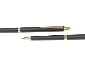 Realistic 3d pen. Black gold metal stationery. Branding of office mock up sample and corporate identity. Design template for business presentation. Luxurious expensive pen on white background. 