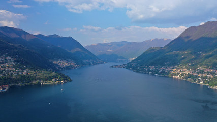 Obraz premium Aerial drone panoramic photo of famous lake Como one of the deepest in Europe, Lombardy, Italy