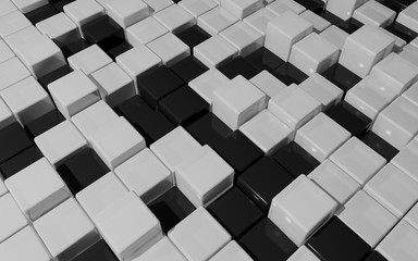 Black white cubes background. Chaotic abstract wallpaper. 3d render illustration with copy space. Blocks of monochrome cubes. Advertising presentation banner with futuristic elements.