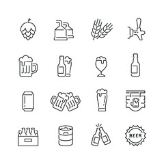 Beer related icons: thin vector icon set, black and white kit
