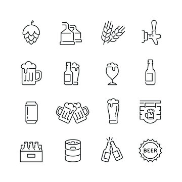 Beer related icons: thin vector icon set, black and white kit