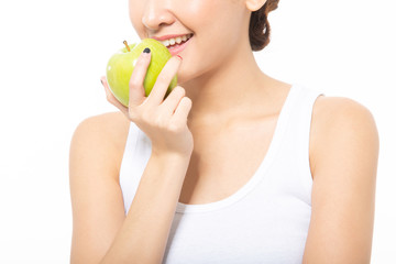 portrait of young woman with green apple. Healthy food concept. Skin care and beauty. Vitamins and minerals.