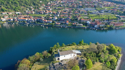 Fototapeta premium Aerial drone panoramic photo of famous beautiful lake Como one of the deepest in Europe, Lombardy, Italy