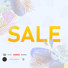 Sale banner with tropical palm leaves and flowers. Abstract background of jungle summer plants for advertising and marketing in retail.