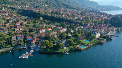 Naklejka premium Aerial drone panoramic photo of famous beautiful lake Como one of the deepest in Europe, Lombardy, Italy