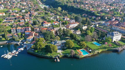 Aerial drone panoramic photo of famous beautiful lake Como one of the deepest in Europe, Lombardy, Italy