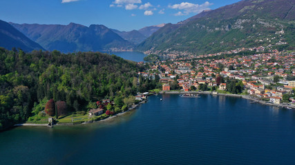 Fototapeta na wymiar Aerial drone panoramic photo of famous beautiful lake Como one of the deepest in Europe, Lombardy, Italy