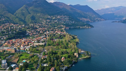 Fototapeta na wymiar Aerial drone panoramic photo of famous beautiful lake Como one of the deepest in Europe, Lombardy, Italy