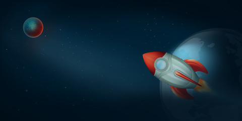 Rocket Flying Above The Earth - Mars Planet -  Business Startup Banner - Concept, Detailed Background Illustration  - 264982791