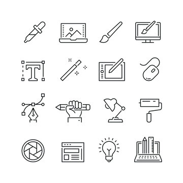 Design related icons: thin vector icon set, black and white kit