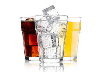 Fototapeta Glasses of cola and orange soda drink and lemonade obraz