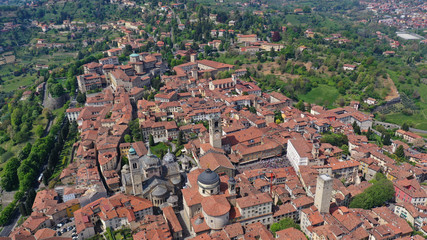 Aerial drone photo of iconic and beautiful old fortified upper Medieval city of Bergamo, Lombardy, Italy