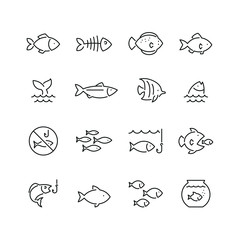 Fish related icons: thin vector icon set, black and white kit - obrazy, fototapety, plakaty