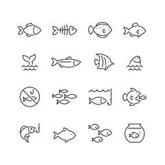 Poster Fish related icons: thin vector icon set, black and white kit © Mykola