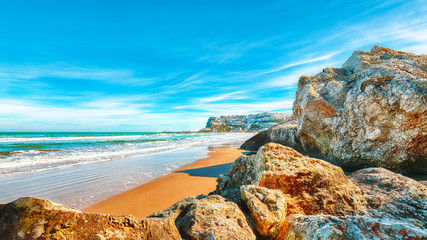 Picturesque Peschici with wide sandy beach in Puglia, adriatic coast of Italy.