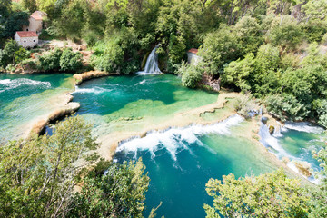 Obraz premium Krka, Sibenik, Croatia - Aerial shot of the cascade waterfalls of Krka