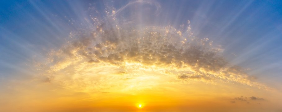 Golden hour sky and clouds with sunrise, panorama nature background © c_atta