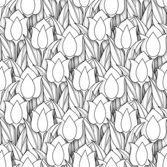 Monochrome Seamless Pattern with Tulips