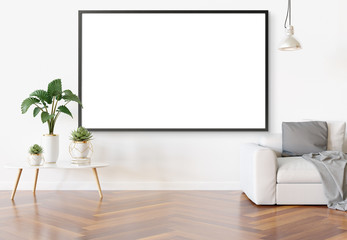 Frame hanging in bright white living room with plants and decorations mockup 3D rendering