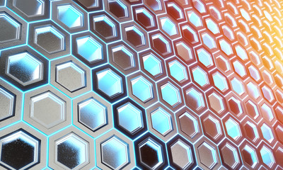 Glowing black blue and orange hexagons background pattern on silver metal surface 3D rendering