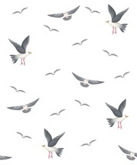Illustration with birds in the sea. Ecology problem with oil and  seagulls.