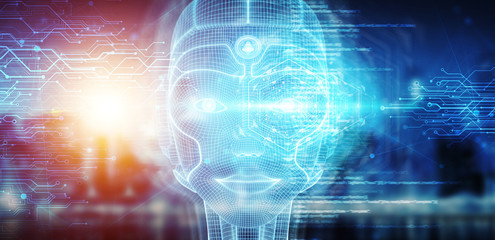 Robotic woman cyborg face representing artificial intelligence 3D rendering