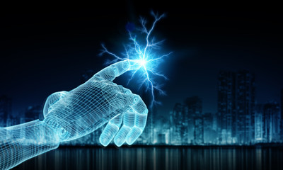Wireframed blue robot hand touching digital connection on dark background 3D rendering