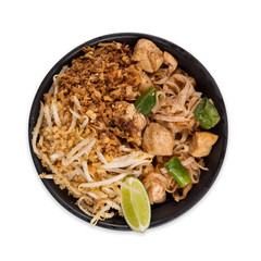Pad thay asian food background with various ingredients on white background , top view.