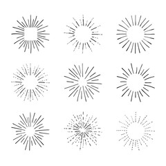 Vector Collection of Retro Light Rays, Black Outline Drawings, Vintage Sketch Design Elements Collection.