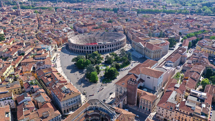 Obraz premium Aerial drone photo from iconic Arena and City Hall in Bra square of beautiful city of Verona, Veneto, Italy