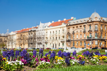 Early spring flowers and beautiful antique architecture at lower town in Zagreb capital of Croatia