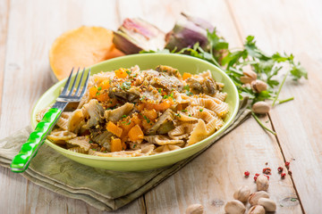 pasta with pumpkin artichoke and pisctachio nuts