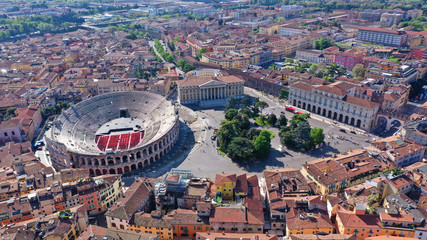 Aerial drone photo from iconic Arena and City Hall in Bra square of beautiful city of Verona,...
