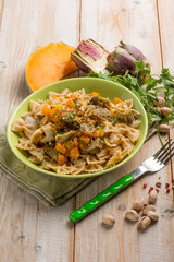 pasta with pumpkin artichoke and pisctachio nuts