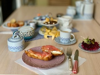 Homemade breakfast. croissant with salmon