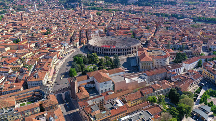 Fototapeta na wymiar Aerial drone photo from iconic Arena and City Hall in Bra square of beautiful city of Verona, Veneto, Italy