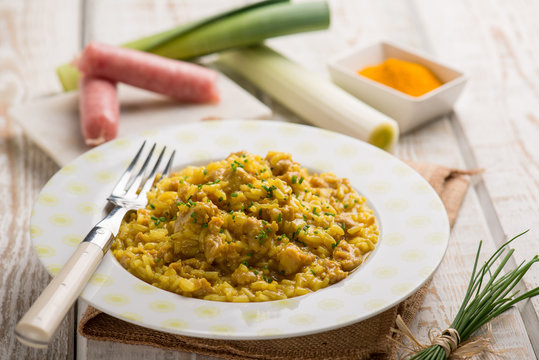 risotto with sausage leek turmeric and chive