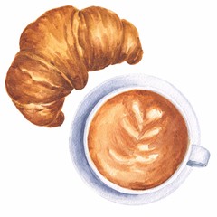 Hand drawn watercolor breakfast, cup of cappuccino coffee and croissant isolated on white background. Delicious food illustration.