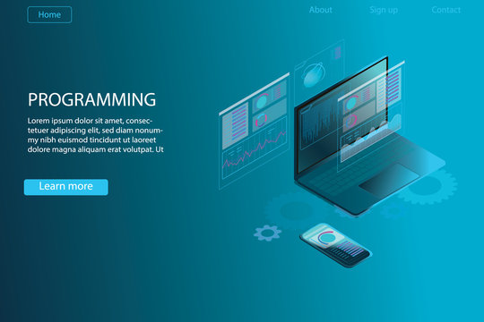 Development of software and programming. Program code on computer screen and phone screen. Launch a new product on a market. Laptop in flat isometric style. Design template from landing page or banner