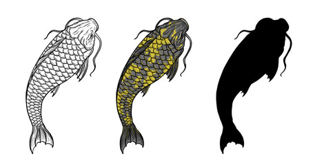 Koi fish vector tattoo by hand drawing.Beautiful fish on white background.Black and white graphics design art highly detailed in line art style.Carp fish for tattoo or wallpaper.