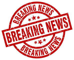 breaking news round red grunge stamp