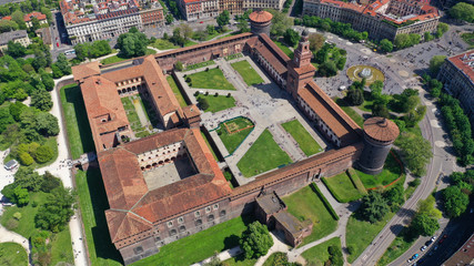 Aerial drone photo of iconic medieval Castle of Sforza or Castello Sforzesco and beautiful Sempione park in the heart of Milan, Lombardy, Italy