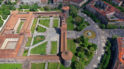 Aerial drone photo of iconic medieval Castle of Sforza or Castello Sforzesco and beautiful Sempione park in the heart of Milan, Lombardy, Italy