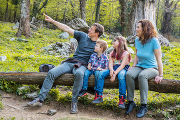 Happy family are sitting on the trunk of a tree in a forest