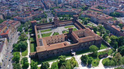 Fototapeta na wymiar Aerial drone photo of iconic medieval Castle of Sforza or Castello Sforzesco and beautiful Sempione park in the heart of Milan, Lombardy, Italy
