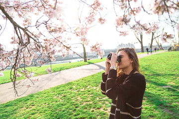 Fototapeta premium Girl makes photo of flowering tree in park outdoor