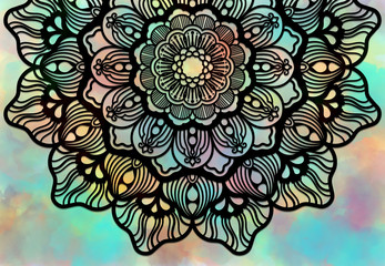 Abstract mandala graphic design and watercolor digital art painting for ancient geometric concept background