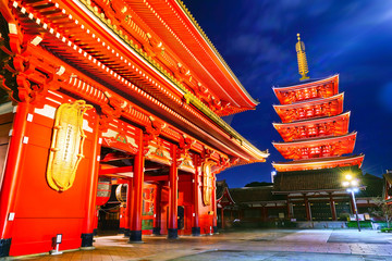 View of the Senso-ji temple at night in Tokyo. 